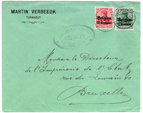 Belgium 5 and 10 centimes on Germania Michel 2 and 3 on cover Turnhout surveillance office 7.8.1916