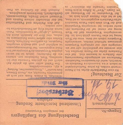 Berbersdorf post office stamp on package card stem part with sticker Döbeln, o November 15, 1943