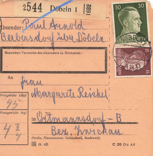 Berbersdorf post office stamp on package card stem part with sticker Döbeln, o November 15, 1944