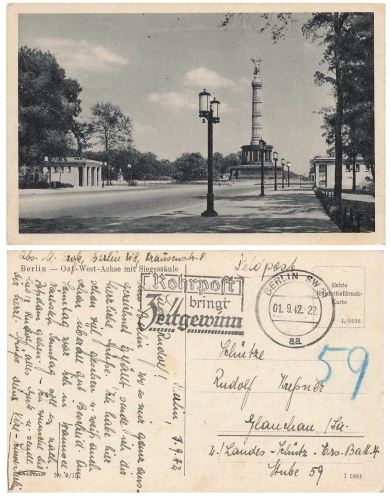 Berlin Feldpost WWII advertising stamp pneumatic tube o Berlin SW 11 1.9.1942