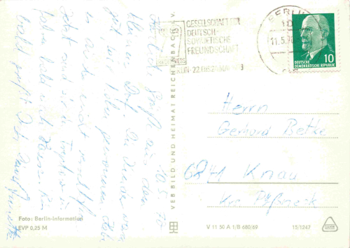 Berlin, capital of the GDR – multi-view postcard featuring a bus, c. 1970