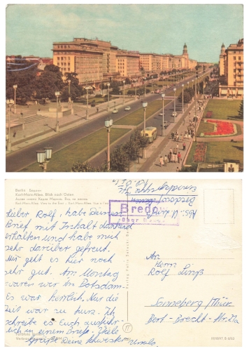 Berlin Karl-Marx-Allee Landpoststempel Bredow über Nauen o um 1963 ​​​​​​​Verlag Feli Setecki