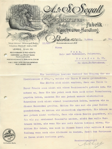 Kreuzberg Berlin Commanderstrasse 20 Fur factory factory tobacconist A & S Segall letterhead with lion 1926