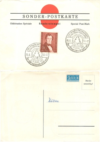 Berlin Michel 74 Albert Lortzing auf Karte ​​​​​​​mit Sonderstempel Schwarzwald Ausstellung 1951