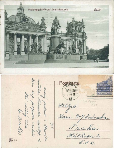 Berlin Reichstag building and Bismarck monument o April 19, 1922