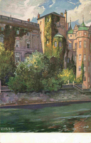 Berlin Palace artist postcard, H. R. Schule, advertisement for "Senftenberger Kronen-Brikett" (Senftenberg Crown Briquettes) – c. 1920
