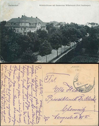 Berlin-Zehlendorf  Wilhelm-Str. mit Sanatoirum Wilhemsruh, gebr. 15.07.1910Zehlendorf Berlin Wilhelm Strasse mit Sanatoirum Wilhemsruh gebr. 15.7.1910