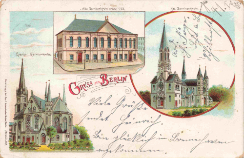 Berlin – 3 Garrison Churches – original vintage lithographic postcard, c. 1908