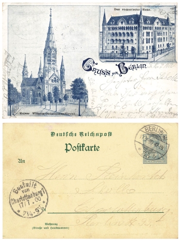 Berlin Romanesque house private postal stationery Germania 2 Pfennig Reichspost o July 17, 1900