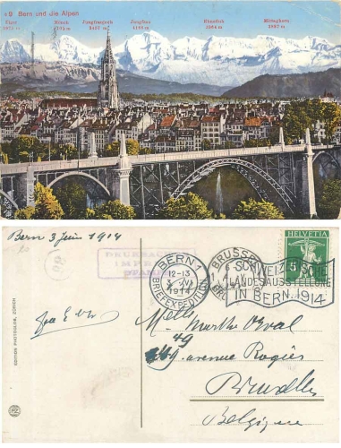 Bern bridge flag stamp Swiss National Exhibition o 3.6.1914