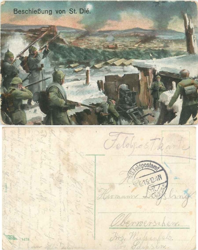 Beschießung von St. Die Militär 1. WK. Künstlerkarte o 14.6.1915