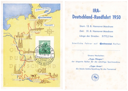 Bi-Zone cycle race Michel 106 on Continental advertising card special cancellation Hanover July 9, 1949