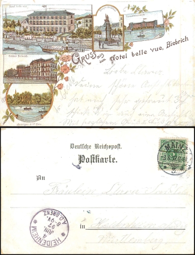 Biebrich Hotel belle vue Wiesbaden Chromolithograph AK o 03.06.1897
