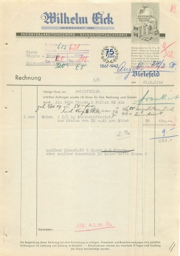 Bielefeld Papierverarbeitungswerk Wilhelm Eick Briefkopf 1950 