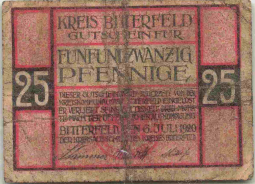 Bitterfeld Notgeldschein 25 Pfennig 1920  