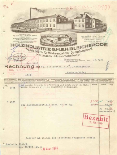 99752 Bleicherode Holzindustrie GmbH Steam sawmill letterhead with factory view 1938