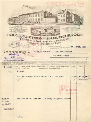 Bleicherode Holzindustrie GmbH Briefkopf 1936
