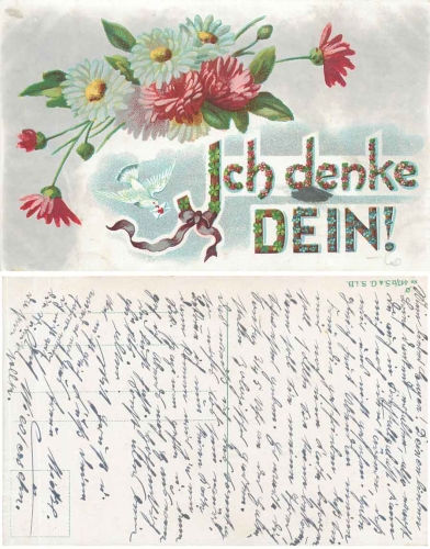 Blumen mit Brieftaube "Ich denke Dein" Künstlerkarte gebr. ca. 1920