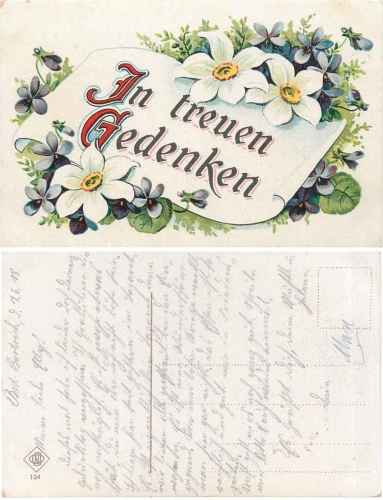 Blumenkarte "In treuen Gedenken" gebr. 7.6.1918