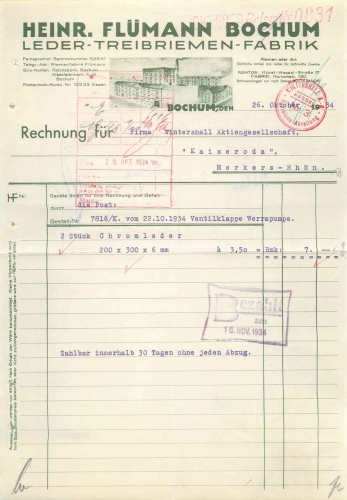 Bochum Lerder drive belt factory Heinr. Flümann letterhead 1934