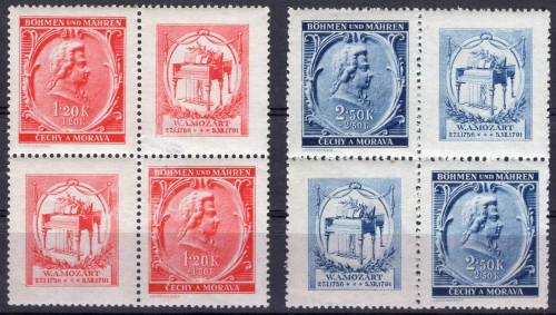 Böhmen und Mähren Michel 81-82 ** postfrisch 150. Todestag W. A. Mozart Viererblock