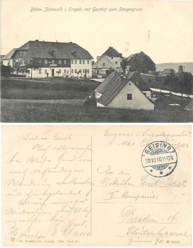 Bohemian Zinnwald Gasthof singer greeting postcard 1910