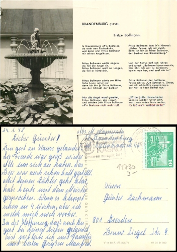 Brandenburg Havel Fritze Bollmann Liedkarte o 24.1.1978