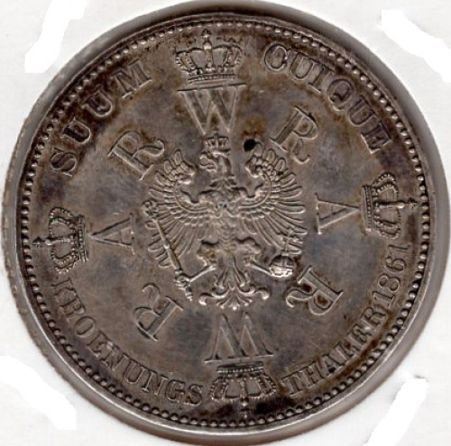 Brandenburg-Prussia 1861 Coronation Thaler King Wilhelm and Queen Augusta  Catalog number: Jäger 87  Material: Silver Weight: 18.52 g Fineness: 900‰ (fine weight 16.67 g) Diameter: 33.00 mm