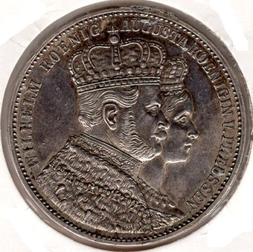 Brandenburg-Prussia 1861 Coronation Thaler King Wilhelm and Queen Augusta  Catalog number: Jäger 87  Material: Silver Weight: 18.52 g Fineness: 900‰ (fine weight 16.67 g) Diameter: 33.00 mm