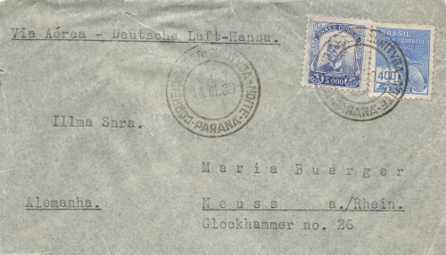 Brasil airmail letter Via Aerea Deutsche Lufthansa o March 14, 1939 to Neuss