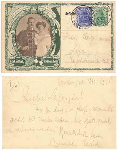 Braunschweig Entry of the ducal couple Enst August and Victoria Luise private postal stationery PP27D11 special cancellation November 3, 1913