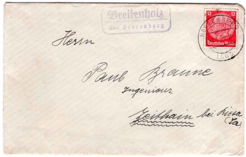 72119 Breitenholz over Herrenberg country postmark on letter o 1.6.1935