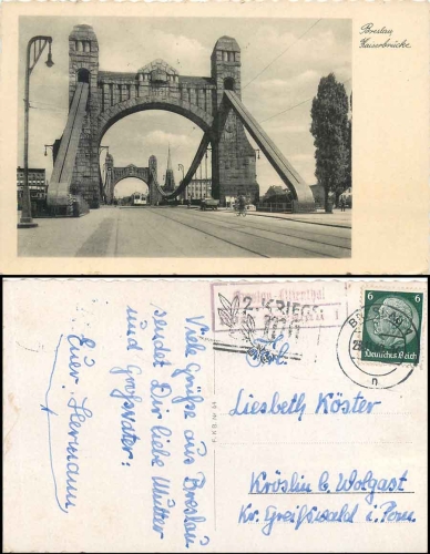 Breslau-Lilienthal via Breslau 1 country postmark on postcard Kaiserbruecke o 28.11.1940