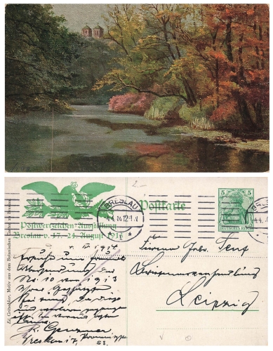 Breslau Postwertzeichen Ausstellung 1913 Privatganzsache Tagesstempel