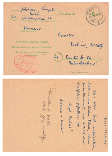 British occupation postal stationery 6 Rpf. paid with red stamp Elmshorn fee paid o Neumünster February 25, 1946
