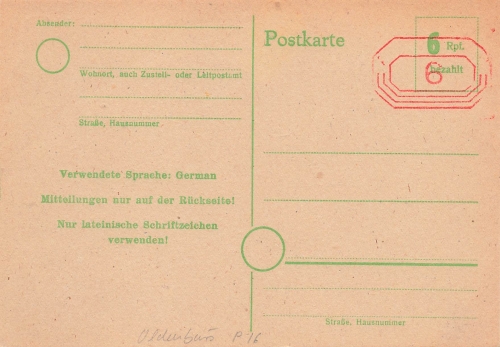 British occupation postal stationery P16 6 Rpf. paid with red stamp *