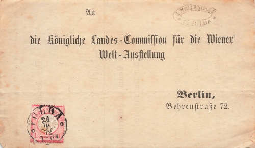 Breast plate small Michel 4 on a letter cutout o Fulda October 21, 1872 to the Berlin Commission of the Vienna World Exhibition