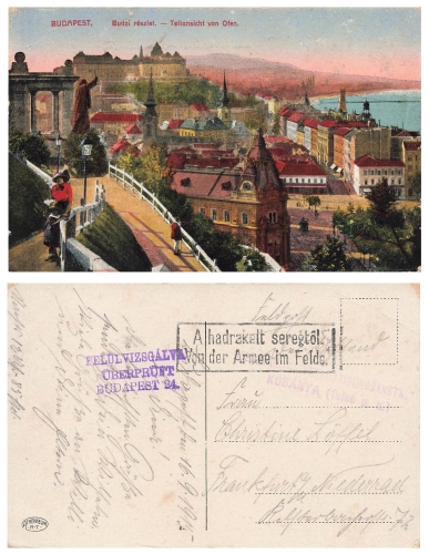 Budapest From the army in the field Kobanya censorship stamp Verified Budapest 24 1915