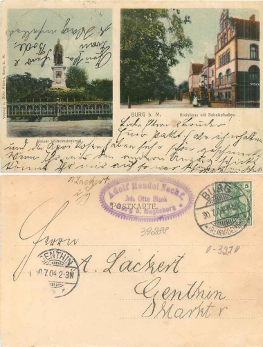 39288 Burg bei Magdeburg Kaiser-Wilhelm-Denkmal Kreishaus mit Bahnhofsallee o 30.7.1904