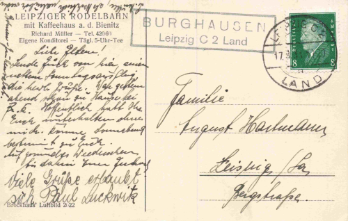 Burghausen Rückmarsdorf Leipzig Rodelbahn Kaffeehaus Landpoststempel Burghausen o 1931