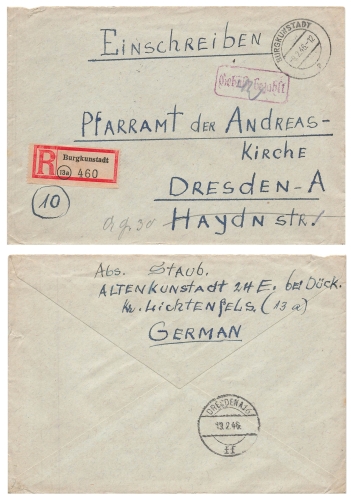Burgkunstadt violet fee paid stamp on R-letter o 9.2.1946 to Dresden