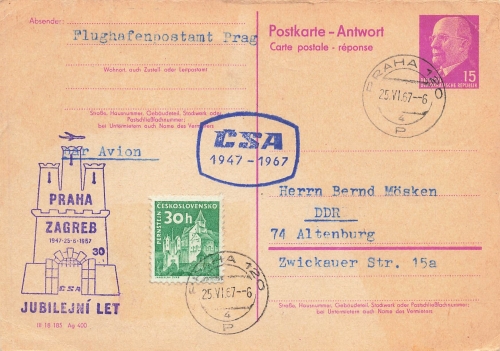 CSA 20 years first flight Praha Zagreb on reply postal matter o Praha June 25, 1967