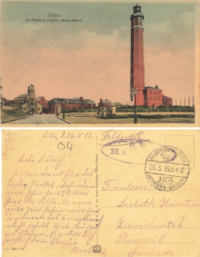 Calais lighthouse  Field post 123rd Infantry Division o May 26, 1915