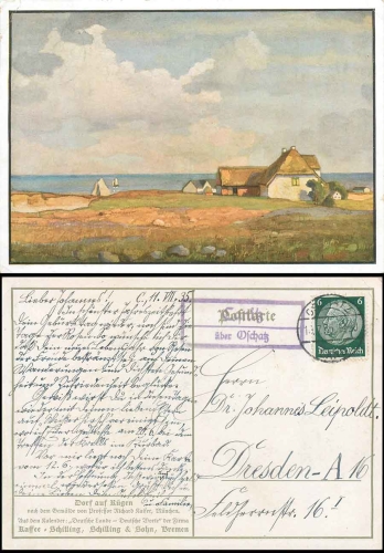 01665 Canitz über Oschatz Landpoststempel auf Künstlerkarte Richard Kaiser "Dorf auf Rügen" o 12.7.1935