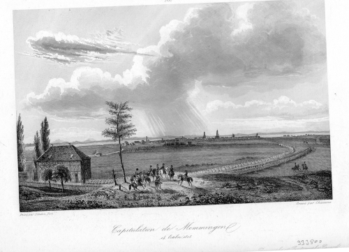 Capitulation de Memmingen October 14th 1805 original steel engraving around 1840