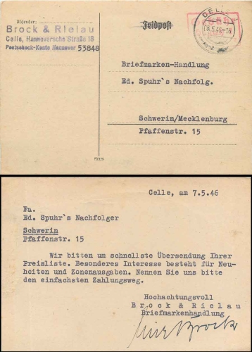 Celle red paid stamp on field postcard o May 8, 1946 to Schwerin