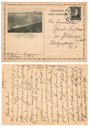 Ceskoslovensko 1-20 Koruny picture postal stationery IX Slet Vsesokolsky Praha o Elbogen 5.10.1932 to Plauen