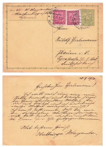 Ceskoslovensko postal stationery 50 Halleru with additional franking o July 19, 1938