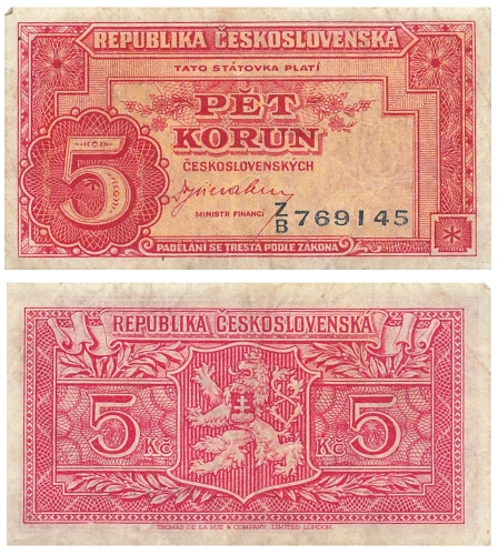 Ceskoslovenskych 10 Desat Korun 1945 BanknoteCeskoslovenskych 5 Pet Korun 1945 Banknote 
