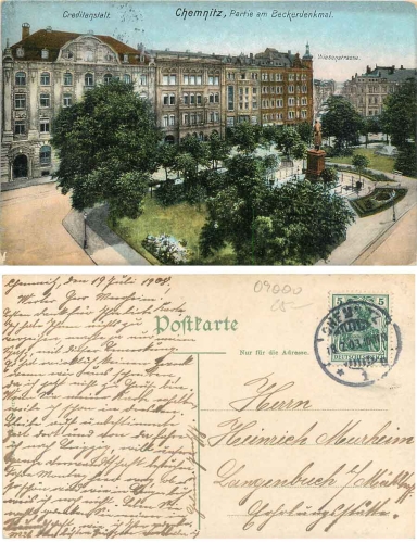 Chemnitz Beckerdenkmal mit Creditanstalt o 19.7.1908